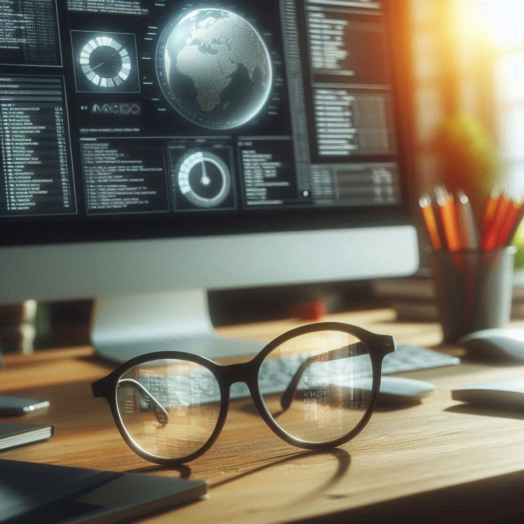 a pair of glasses sitting on a desk in front of a computer monitor